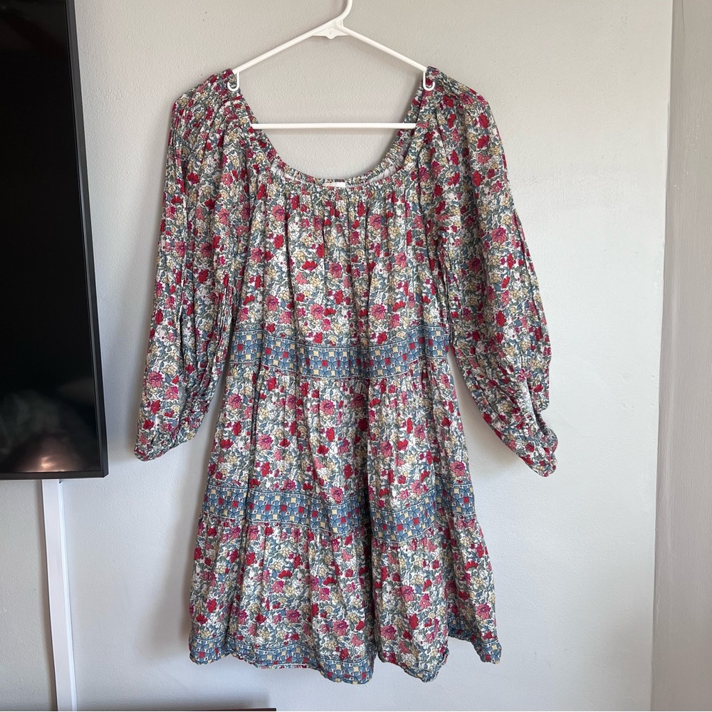 Cleobella Arrows & Bows‎ Blue Floral Dress with Red and Yellow Accents Size XS